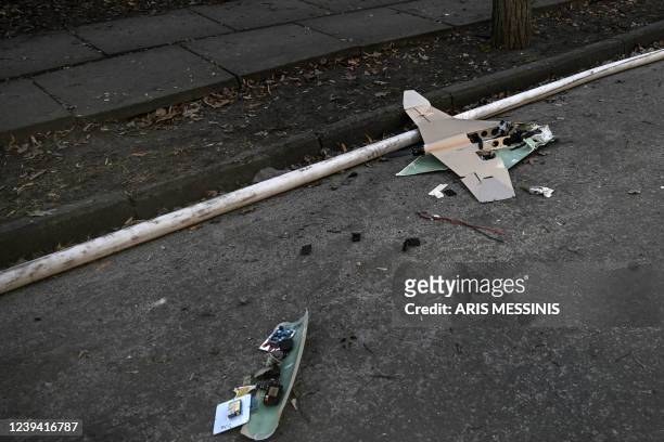 Picture taken on March 22, 2022 shows a downed Russian drone in the area of a research institute, part of Ukraine's National Academy of Science,...