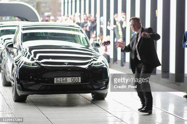 Tesla CEO Elon Musk attends the official opening of the new Tesla electric car manufacturing plant on March 22, 2022 near Gruenheide, Germany. The...