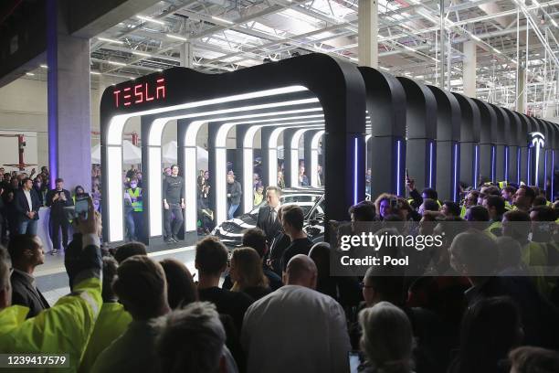 General view during the official opening of the new Tesla electric car manufacturing plant on March 22, 2022 near Gruenheide, Germany. The new plant,...