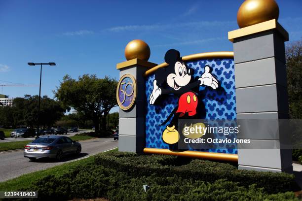 View of the entrance of Walt Disney World on March 22, 2022 in Orlando, Florida. Employees are staging a company-wide walkout today to protest Walt...