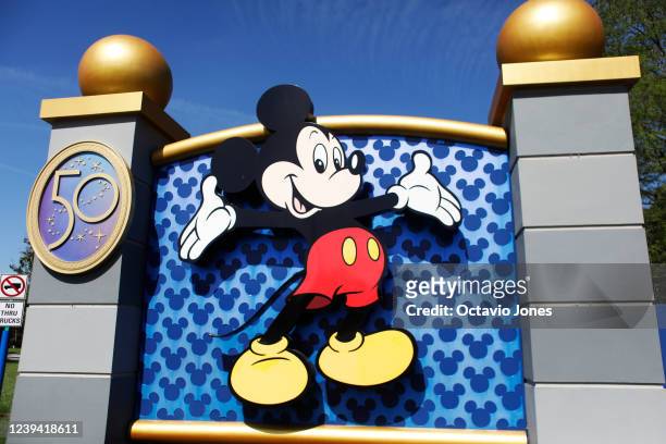 View of the entrance of Walt Disney World on March 22, 2022 in Orlando, Florida. Employees are staging a company-wide walkout today to protest Walt...