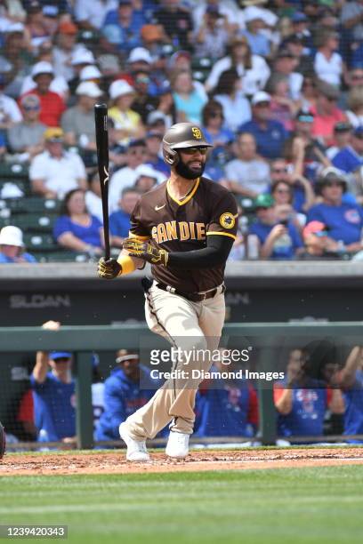Nomar Mazara of the San Diego Padres bats during the second inning of an MLB spring training game against the Chicago Cubs at Sloan Park on March 19,...