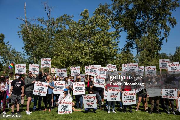 Walt Disney employees and demonstrators during a rally against the Florida "Don't Say Gay" bill at Griffith Park in Glendale, California, U.S., on...