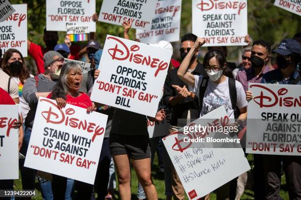 Walt Disney employees and demonstrators during a rally against the Florida "Don't Say Gay" bill at Griffith Park in Glendale, California, U.S., on...