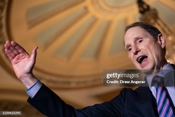 Sen. Ron Wyden speaks to reporters following a lunch meeting with Senate Democrats at the U.S. Capitol March 22, 2022 in Washington, DC. The Senators...