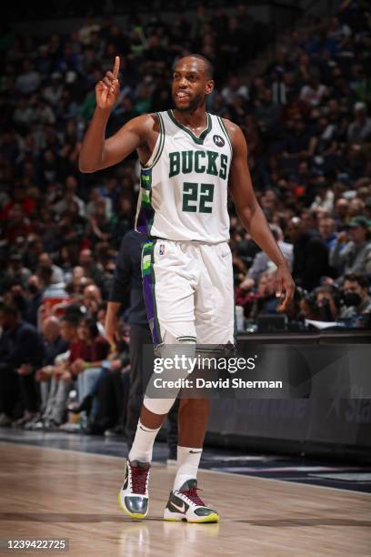 Khris Middleton of the Milwaukee Bucks looks on during the game against the Minnesota Timberwolves on March 19, 2022 at Target Center in Minneapolis,...