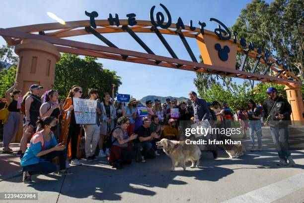 Burbank, CA LGBTQ employees protesting CEO Bob Chapek's handling of the staff controversy over Florida's "Don't Say Gay" bill, gather for a group...