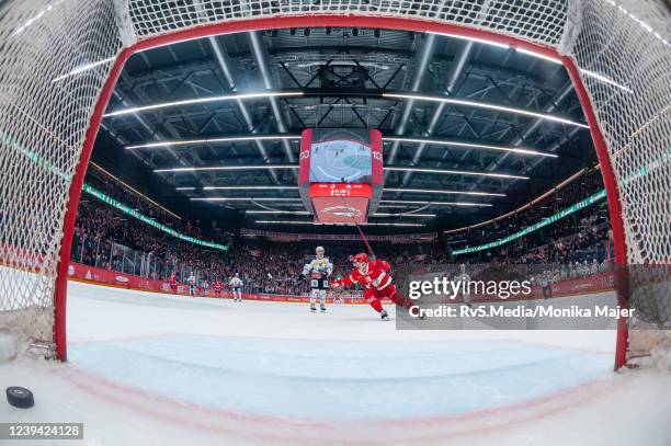 TopScorer Jiri Sekac of Lausanne HC scores an empty net goal during the National League match between Lausanne HC and HC Ambri-Piotta at Vaudoise...