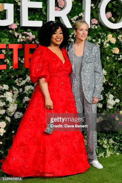 Shonda Rhimes and Betsy Beers attend the World Premiere of "Bridgerton" Series 2 at The Tate Modern on March 22, 2022 in London, England.