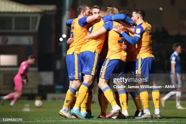 Jordan Bowery of Mansfield Town celebrates after scoring a goal to make it 0-1 during the Sky Bet League Two match between Rochdale and Mansfield...