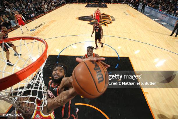 Mitchell Robinson of the New York Knicks blocks a shot during the game against the Atlanta Hawks on March 22, 2022 at Madison Square Garden in New...