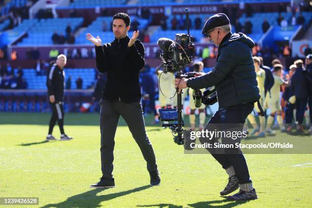 Arsenal manager Mikel Arteta is filmed by a Steadicam television cameraman after the Premier League match between Aston Villa and Arsenal at Villa...