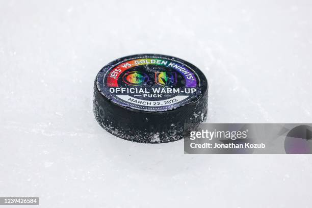 Detail view of the warmup pucks for Pride Night prior to the game News  Photo - Getty Images