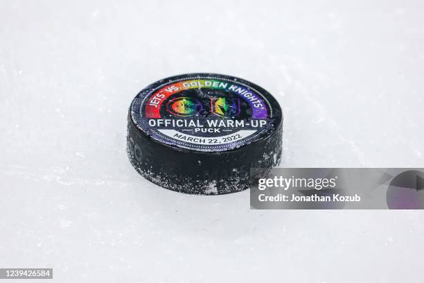 Detail view of the warmup pucks for Pride Night prior to the game News Photo - Getty Images