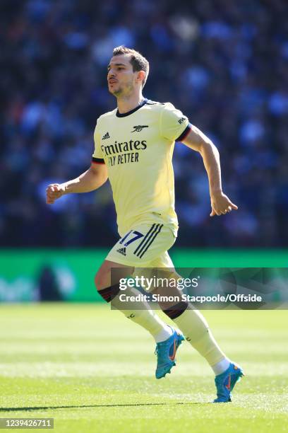 Cedric Soares of Arsenal looks on during the Premier League match between Aston Villa and Arsenal at Villa Park on March 19, 2022 in Birmingham,...