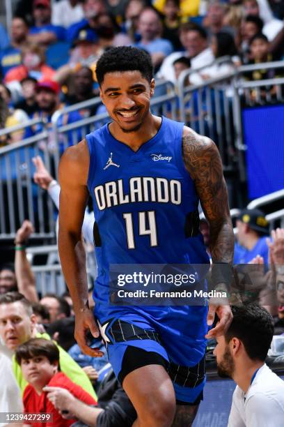 Gary Harris of the Orlando Magic smiles during the game against the Golden State Warriors on March 22, 2022 at Amway Center in Orlando, Florida. NOTE...
