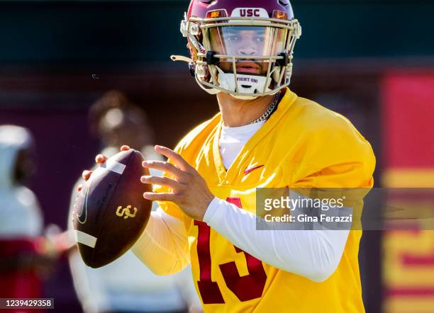 Quarterback transfer Caleb Williams makes a pass during spring practice at USC on March 22, 2022 in Los Angeles, California.