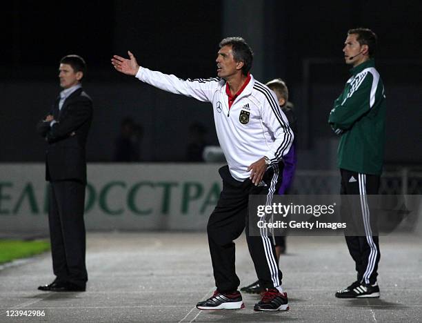 Head coach Rainer Adrion of Germany reacts during the UEFA Under-21 Championship qualifying match between Belarus and Germany at Borisov Gorodskoy...
