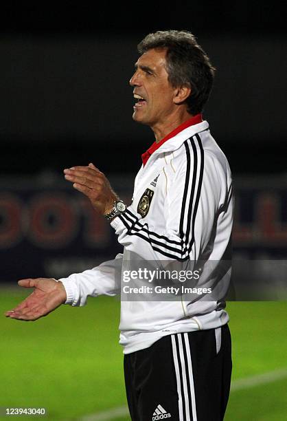 Head coach Rainer Adrion of Germany reacts during the UEFA Under-21 Championship qualifying match between Belarus and Germany at Borisov Gorodskoy...