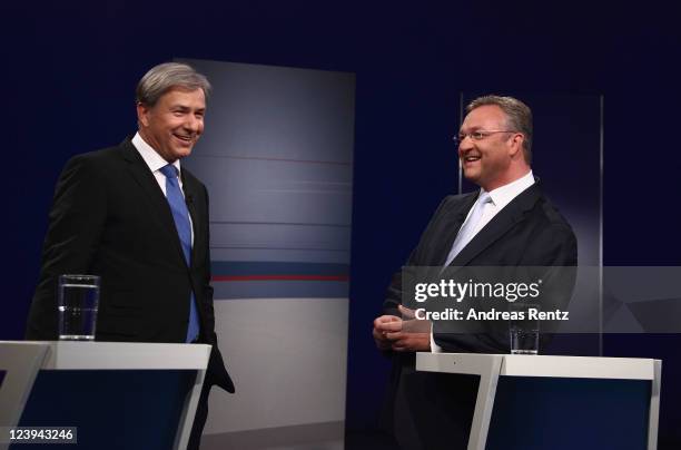 Berlin's Mayor Klaus Wowereit, candidate of the German Social Democrats chats with Frank Henkel, German Christian Democrats lead candidiate, prior to...