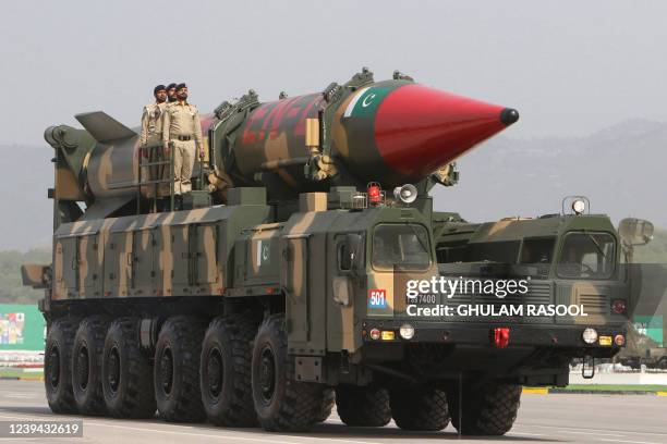 Pakistan's military vehicle carries a long-range ballistic missile Shaheen during the Pakistan Day parade in Islamabad on March 23, 2022.