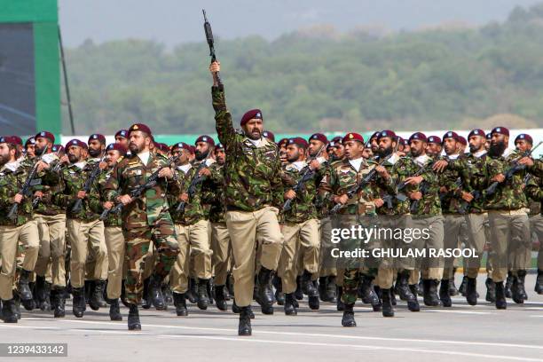 Pakistan Armys Special Service Group commandos march during the Pakistan Day parade in Islamabad on March 23, 2022.