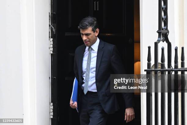 Chancellor of the Exchequer Rishi Sunak leaves 11 Downing Street for the House of Commons to deliver his Spring Statement on March 23, 2022 in...