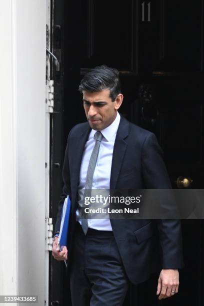 Chancellor of the Exchequer Rishi Sunak leaves 11 Downing Street for the House of Commons to deliver his Spring Statement on March 23, 2022 in...