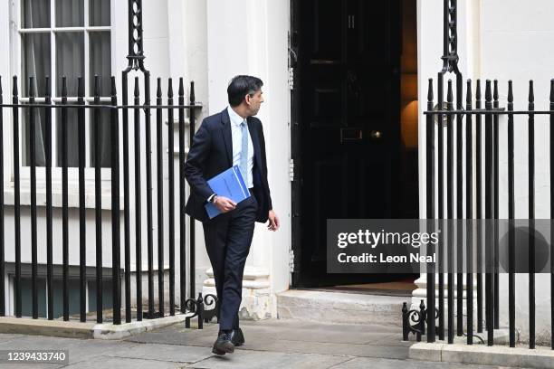 Chancellor of the Exchequer Rishi Sunak leaves 11 Downing Street for the House of Commons to deliver his Spring Statement on March 23, 2022 in...