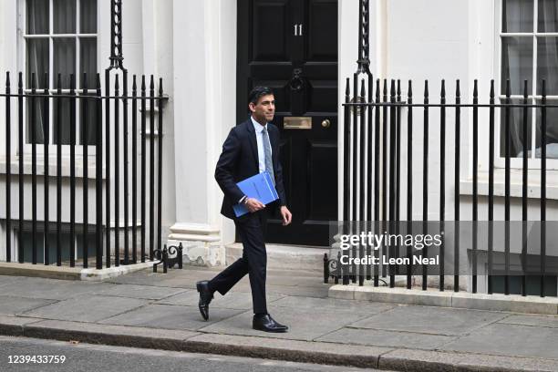 Chancellor of the Exchequer Rishi Sunak leaves 11 Downing Street for the House of Commons to deliver his Spring Statement on March 23, 2022 in...