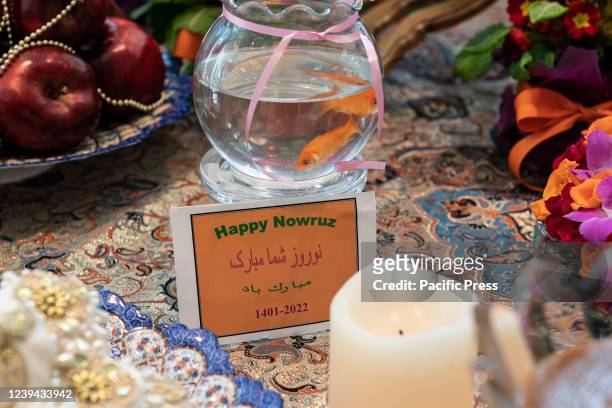 Bowl of live fish symbolizes life. United Nations celebration of Nowruz - Persian New Year at New York Headquarters. Missions of Afghanistan, India,...