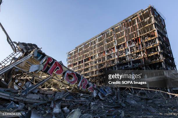 View of a shopping mall that was destroyed by a missile. Amid Russia's offensive on the capital city of Ukraine, the Retroville mall in Podilskyi...