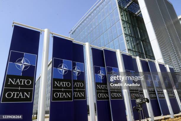 View of NATO headquarters as an extraordinary summit of NATO leaders to be held to discuss recent developments on the war in Ukraine, in Brussels,...