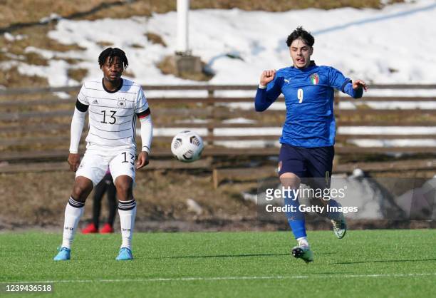 Bright Arrey-Mbi, Giuseppe Ambrosino Di Bruttopilo during the UEFA Under19 European Championship Qualifier match between Germany U19 and Italy U19 at...