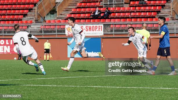 Igor Matanovic and Torben Rhein celebrate the 1-0 goal during the UEFA Under19 European Championship Qualifier match between Germany U19 and Italy...