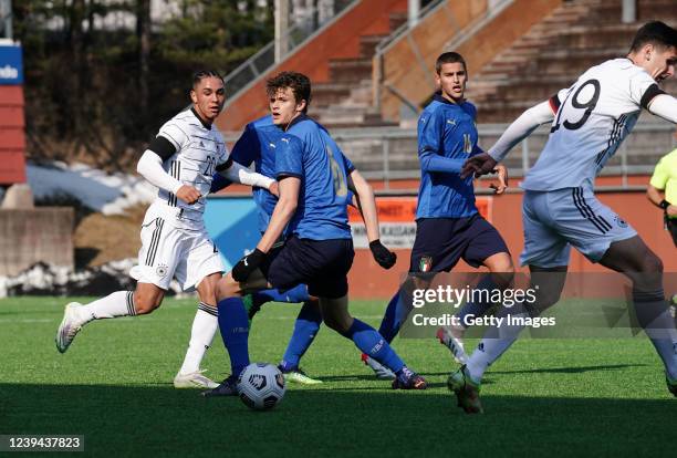 Armindo Sieb of Germany slips the ball past the defence during the UEFA Under19 European Championship Qualifier match between Germany U19 and Italy...