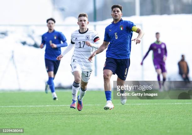 Torben Rhein of Germany and Samuel Giovana of Italy during the UEFA Under19 European Championship Qualifier match between Germany U19 and Italy U19...