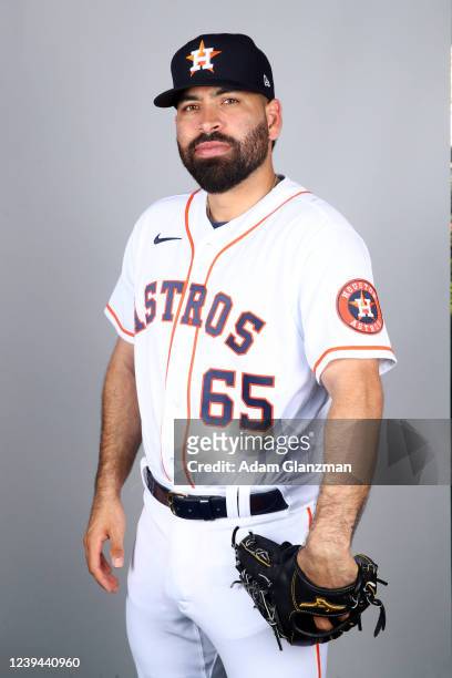 José Urquidy of the Houston Astros poses for a photo during the Houston Astros Photo Day at The Ballpark of the Palm Beaches complex on Wednesday,...