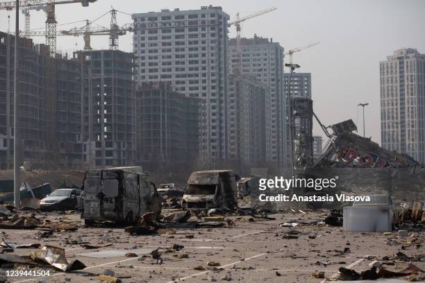 The site of a rocket explosion where a shopping mall used to be on March 23, 2022 in Kyiv, Ukraine. The rocket hit the shopping mall on March 20,...