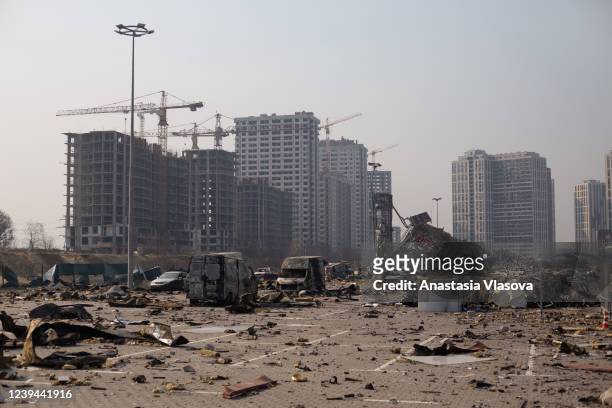 The site of a rocket explosion where a shopping mall used to be on March 23, 2022 in Kyiv, Ukraine. The rocket hit the shopping mall on March 20,...