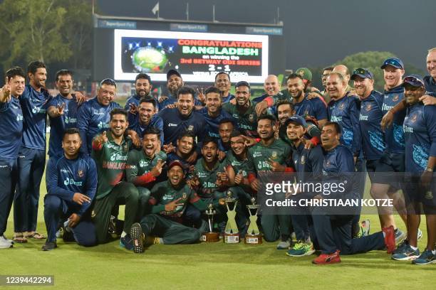 The Bangladesh team celebrate after winning the series between South Africa and Bangladesh at SuperSport Park in Centurion on March 23, 2022.