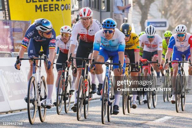 Belgian Tim Merlier of Alpecin-Fenix, Dutch Dylan Groenewegen of BikeExchange-Jayco and French Nacer Bouhanni of Arkea-Samsic sprint to the finish of...