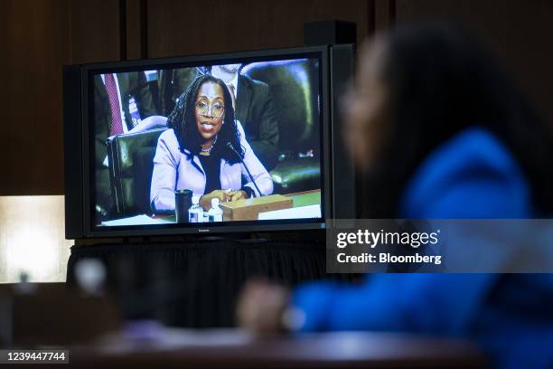 Television monitor shows Ketanji Brown Jackson, associate justice of the U.S. Supreme Court nominee for U.S. President Joe Biden, during a Senate...