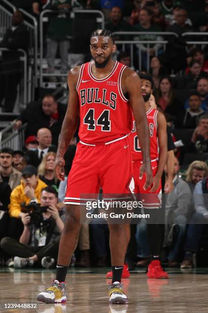 Patrick Williams of the Chicago Bulls looks on during the game against the Milwaukee Bucks on March 22, 2022 at the Fiserv Forum Center in Milwaukee,...