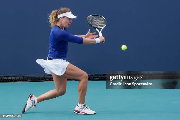 Anna-Lena Friedsam hits a shot during qualifying round of the Miami Open on March 21, 2022 at Hard Rock Stadium in Miami Gardens, FL.