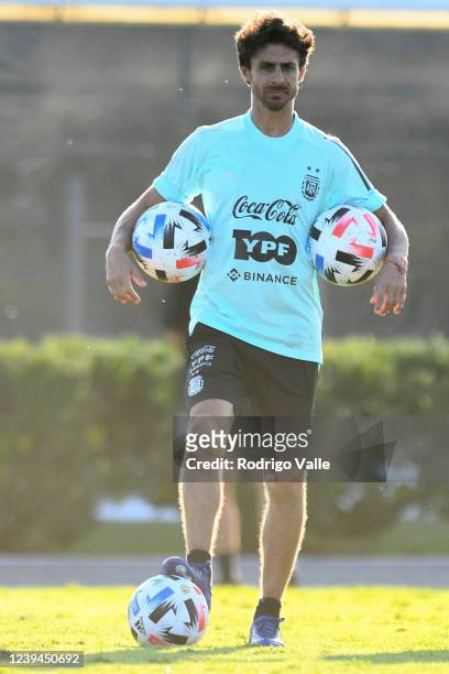 Pablo Aimar assistant coach of Argentina reacts during a training session at Julio H. Grondona Training Camp on March 23, 2022 in Ezeiza, Argentina.