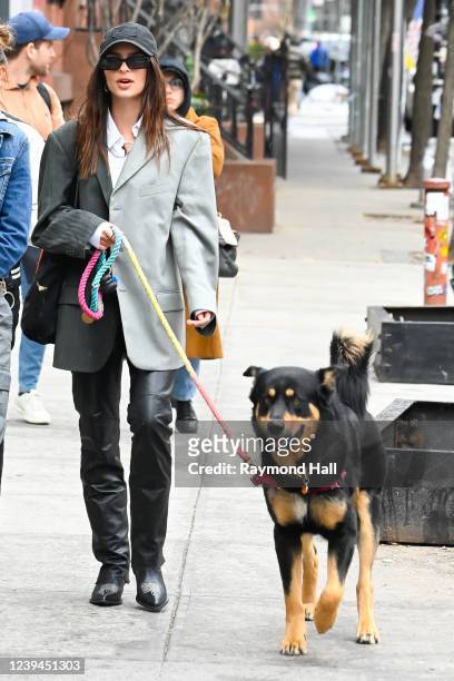 Emily Ratajkowski is seen walking in her dog in Soho on March 23, 2022 in New York City.