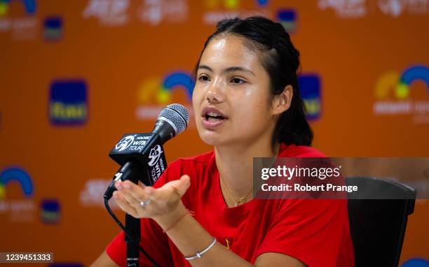 Emma Raducanu of Great Britain talks to the press on Media Day on day 3 of the Miami Open at Hard Rock Stadium on March 23, 2022 in Miami Gardens,...