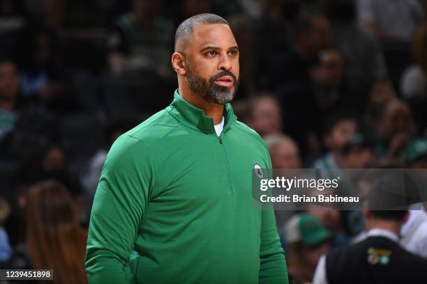 Head Coach Ime Udoka of the Boston Celtics looks on during the game against the Utah Jazz on March 23, 2022 at the TD Garden in Boston,...