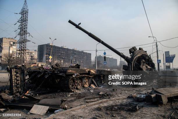 Destroyed tank likely belonging to Russia / pro-Russian forces lies amidst rubble in the north of the ruined city. The battle between Russian / Pro...